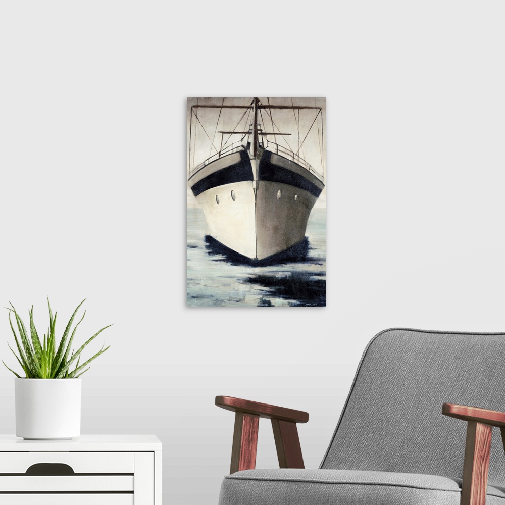 A modern room featuring Painting of the bow of a large sailboat on the water.