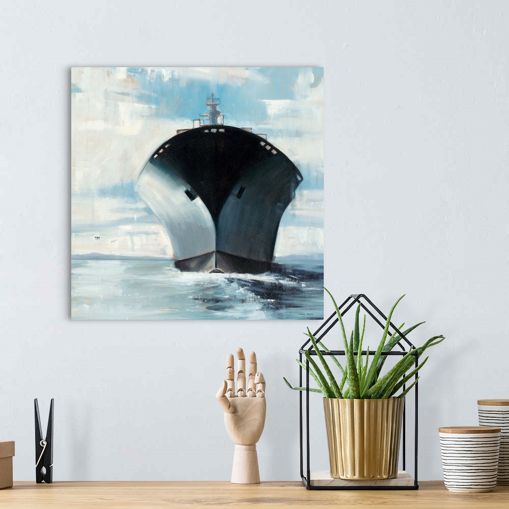 A bohemian room featuring Square painting of a large ship in the middle of the ocean.