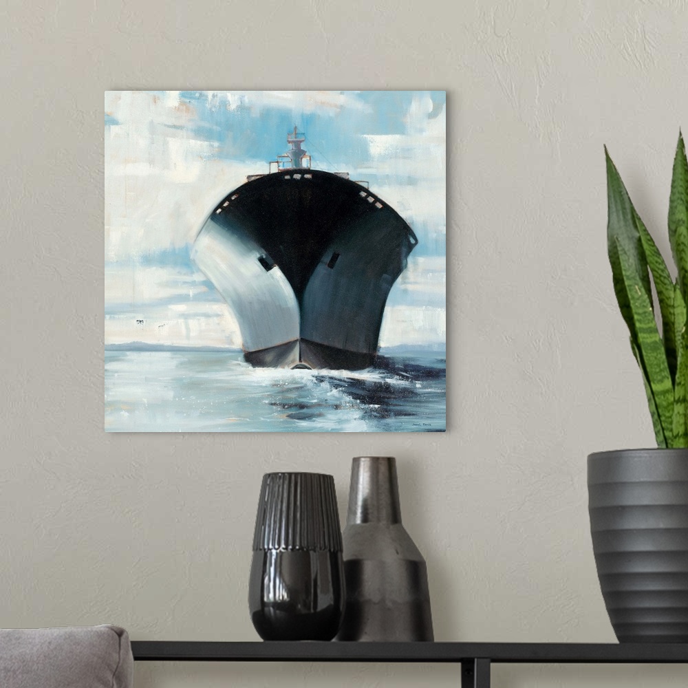 A modern room featuring Square painting of a large ship in the middle of the ocean.