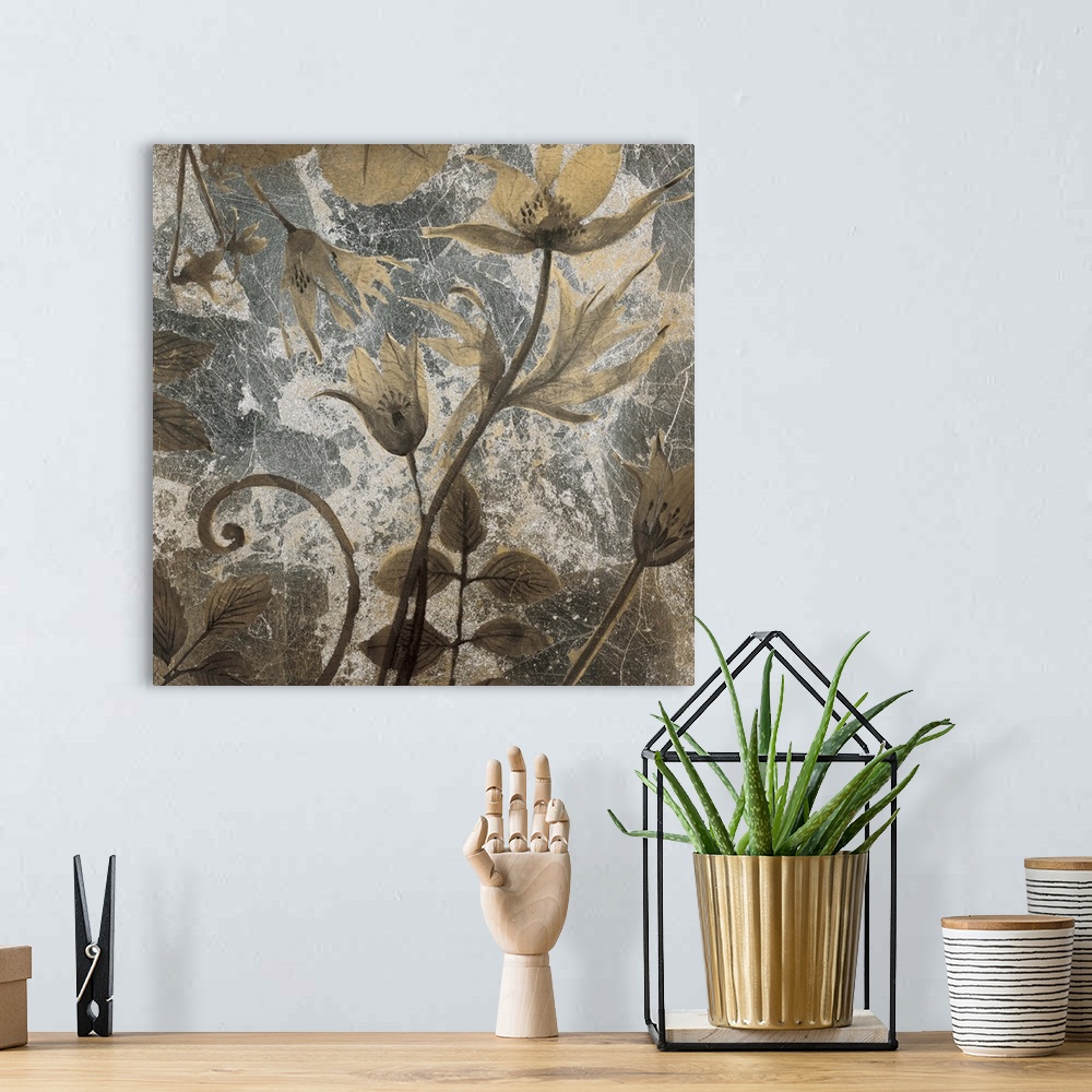 A bohemian room featuring Contemporary painting of a neutral toned flowers against a weathered background.