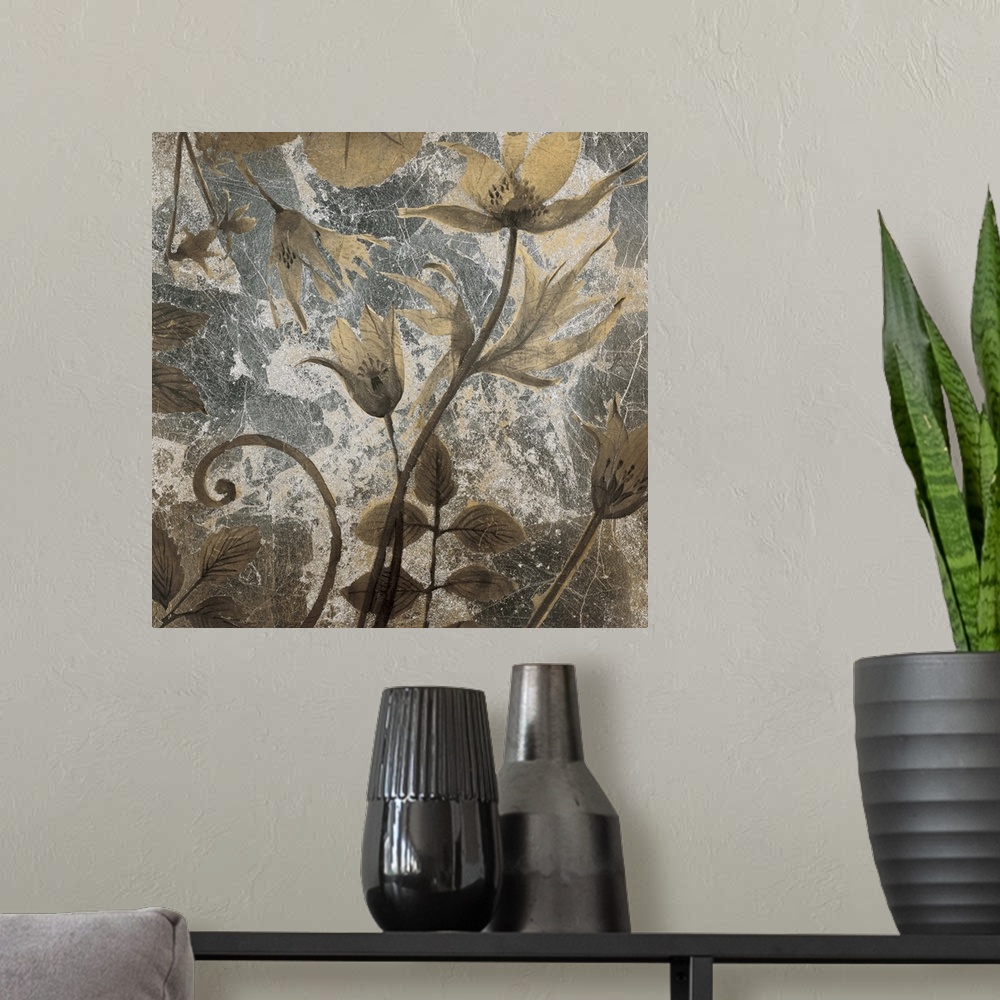 A modern room featuring Contemporary painting of a neutral toned flowers against a weathered background.