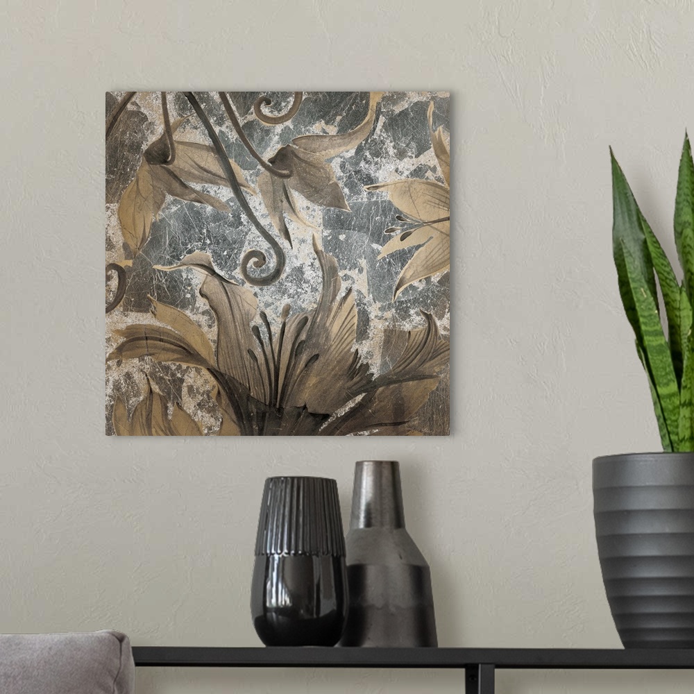 A modern room featuring Contemporary painting of flowers underwater.