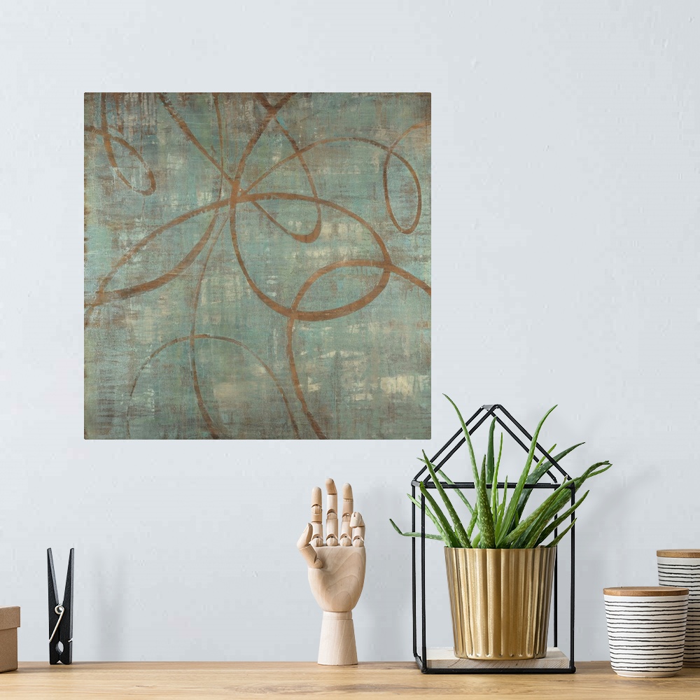 A bohemian room featuring Big abstract painting of lines curving on top of a grungy textured background.