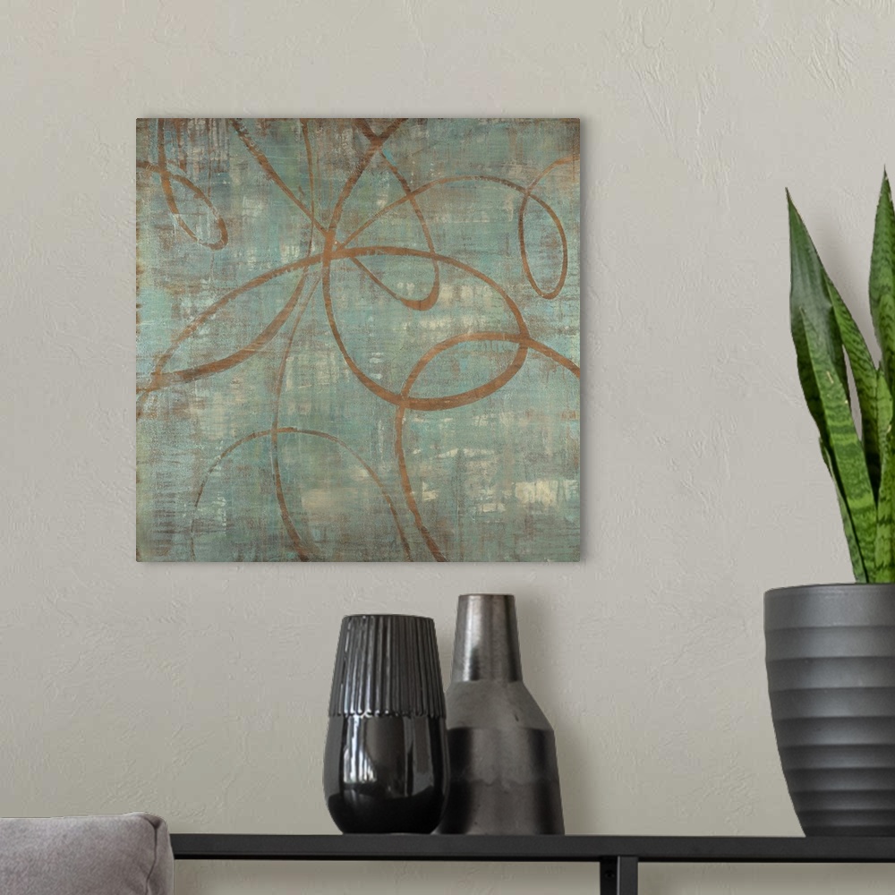 A modern room featuring Big abstract painting of lines curving on top of a grungy textured background.
