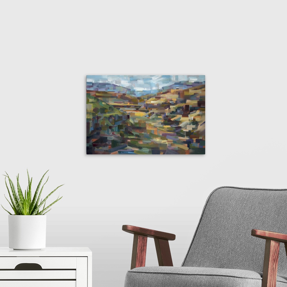 A modern room featuring Contemporary abstract painting of a desert landscape deconstructed into geometric shapes.