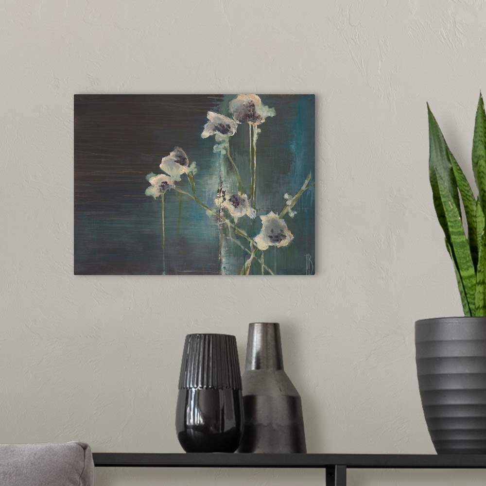 A modern room featuring Contemporary painting of white flowers dripping against a deep blue background.