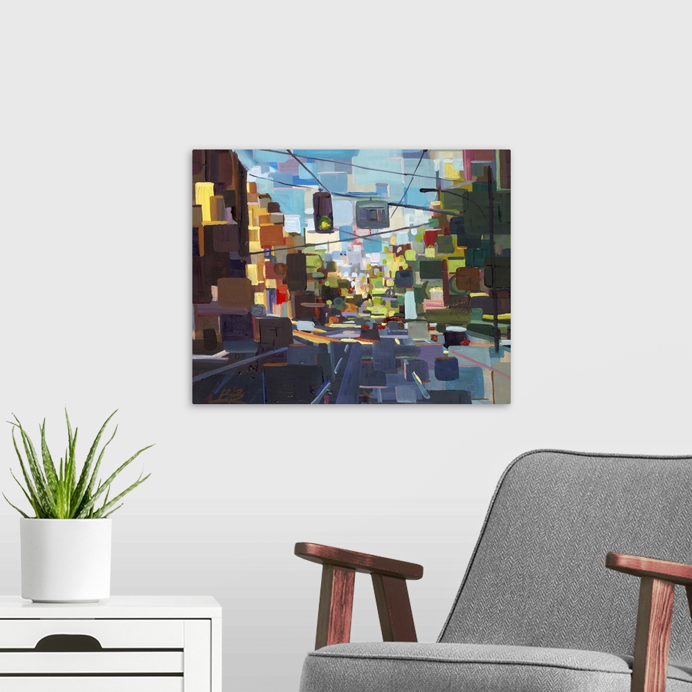 A modern room featuring Contemporary abstract painting of an urban environment deconstructed into geometric shapes.