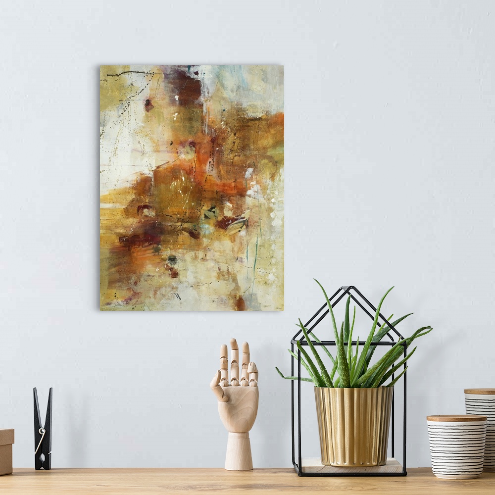 A bohemian room featuring A contemporary abstract painting using a mash up of earth tones.