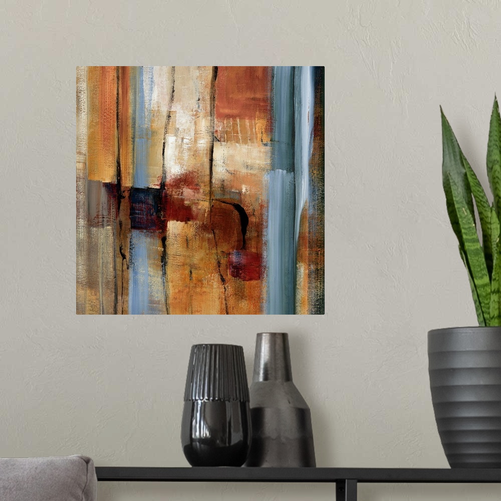 A modern room featuring This wall art is an abstract square painting of slates of brush strokes and paint textures.
