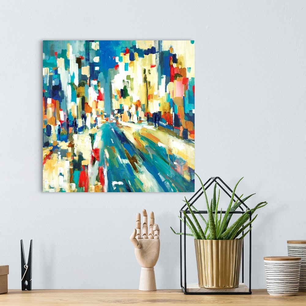 A bohemian room featuring Abstract cityscape painting with urban buildings created with vertical brushstrokes in various co...