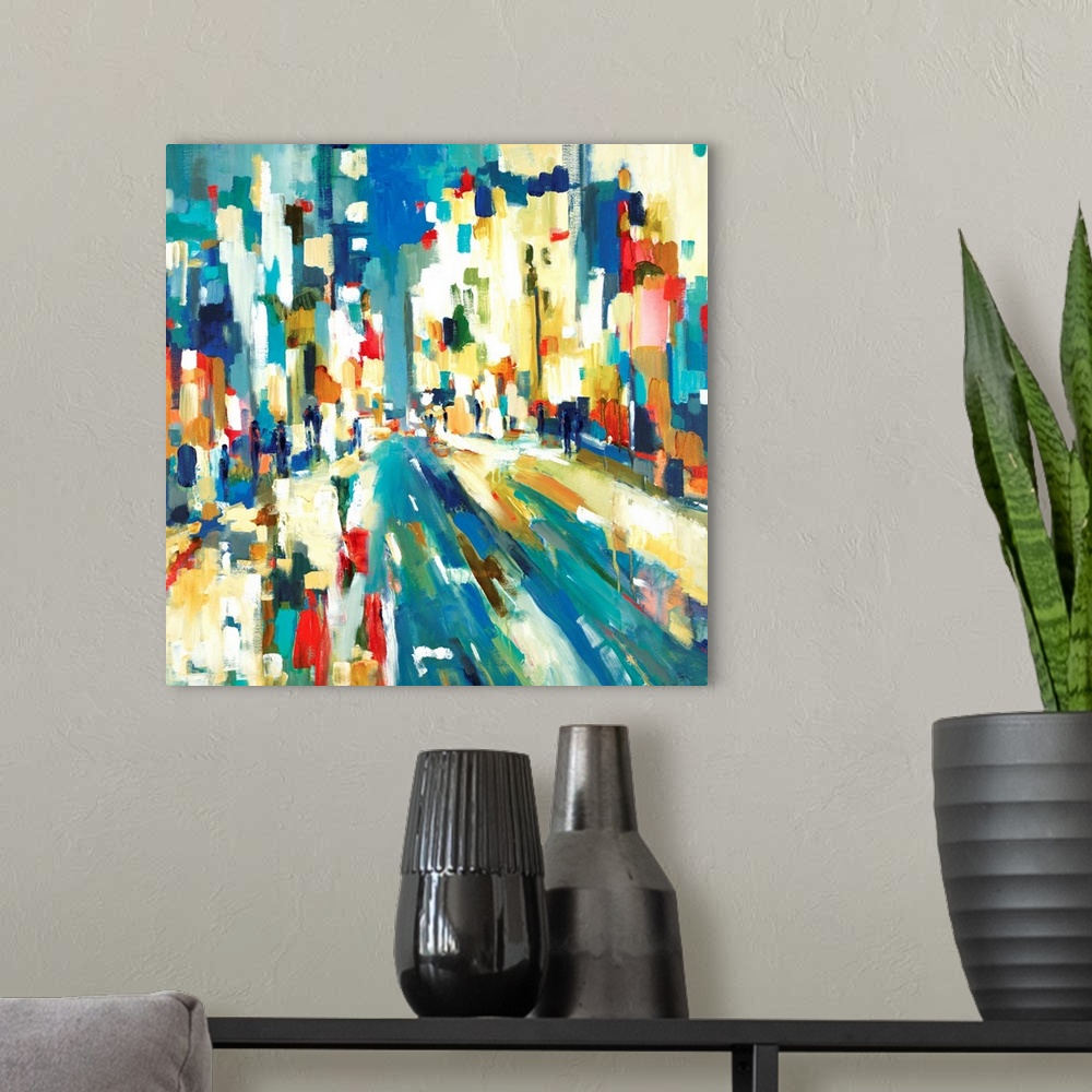 A modern room featuring Abstract cityscape painting with urban buildings created with vertical brushstrokes in various co...