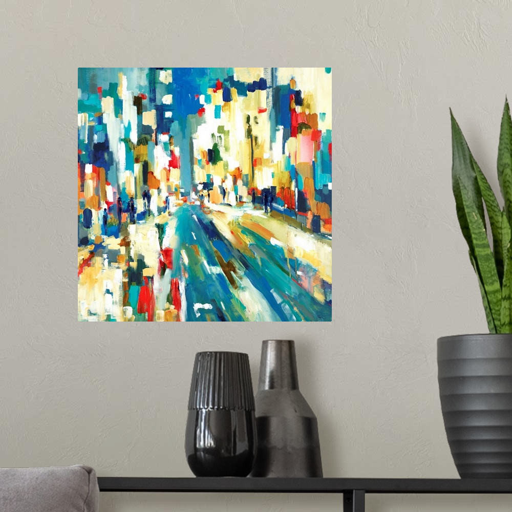 A modern room featuring Abstract cityscape painting with urban buildings created with vertical brushstrokes in various co...