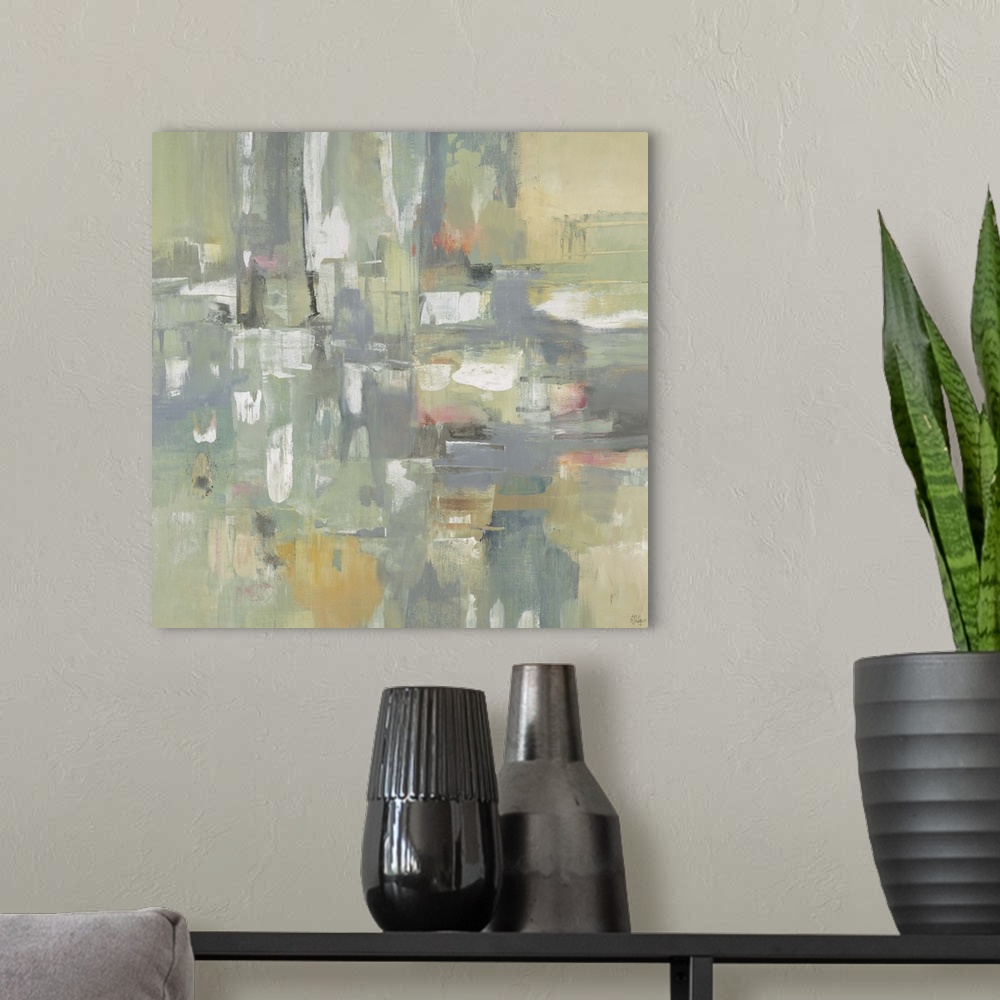 A modern room featuring Contemporary abstract painting of pale muted green geometric shapes colliding together.