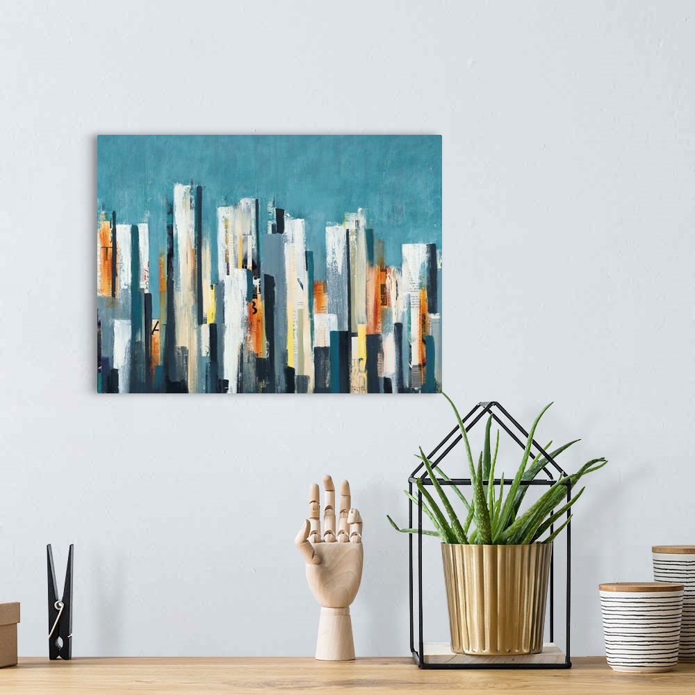 A bohemian room featuring Contemporary abstract painting geometric painting.