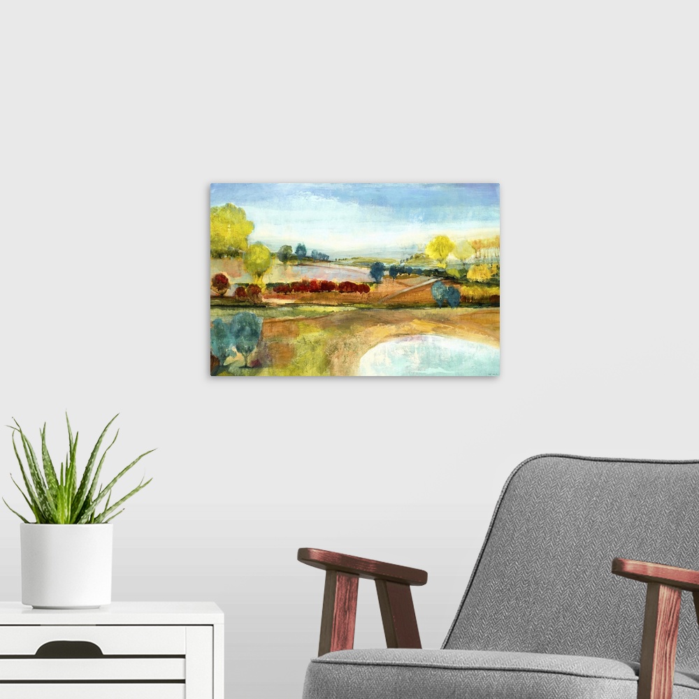 A modern room featuring Contemporary landscape painting looking out rolling countryside.
