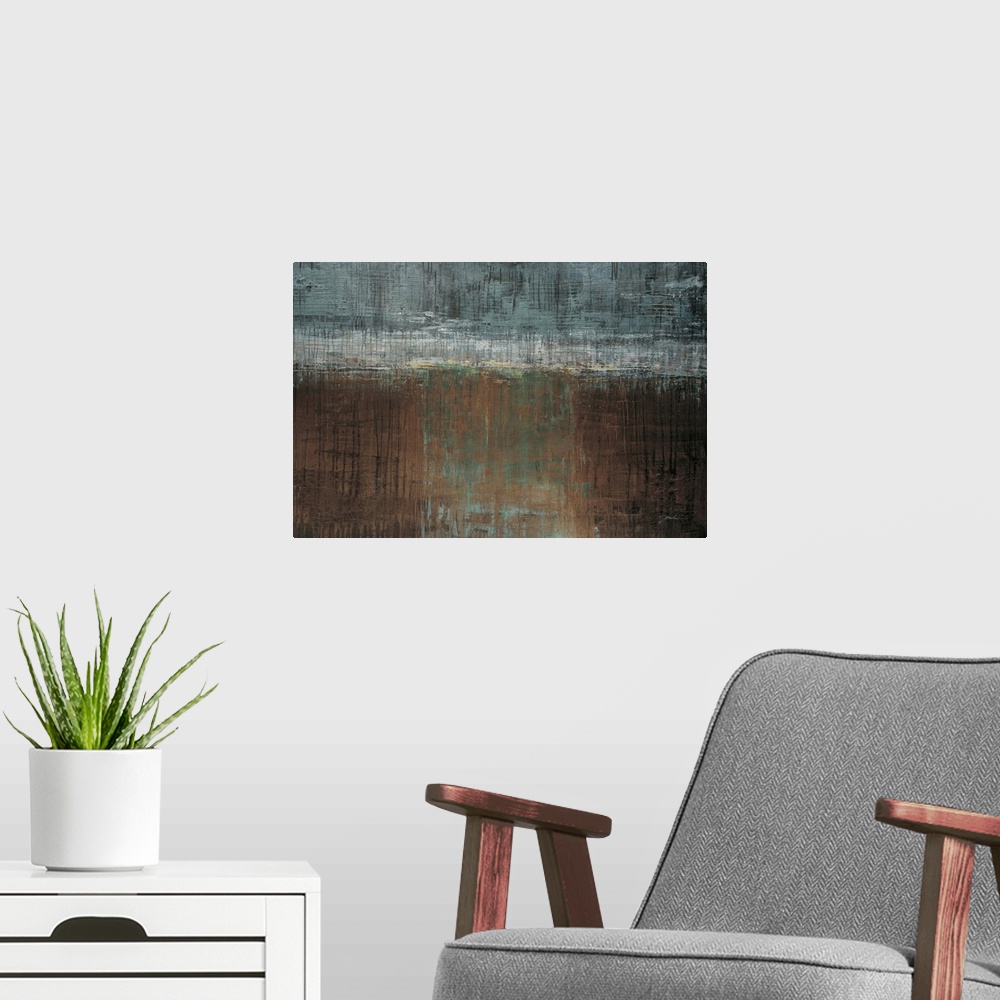 A modern room featuring A contemporary abstract painting using muted gray blue tones against a layer of brown tones meeti...
