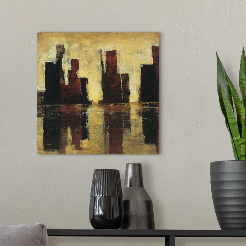 A modern room featuring Contemporary abstract painting using earth tones and geometric shapes.