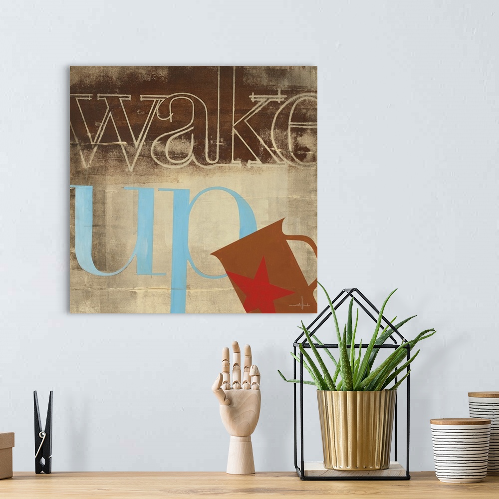 A bohemian room featuring Decorative artwork of a cup of coffee with the text "Wake Up" in rustic browns and blue.