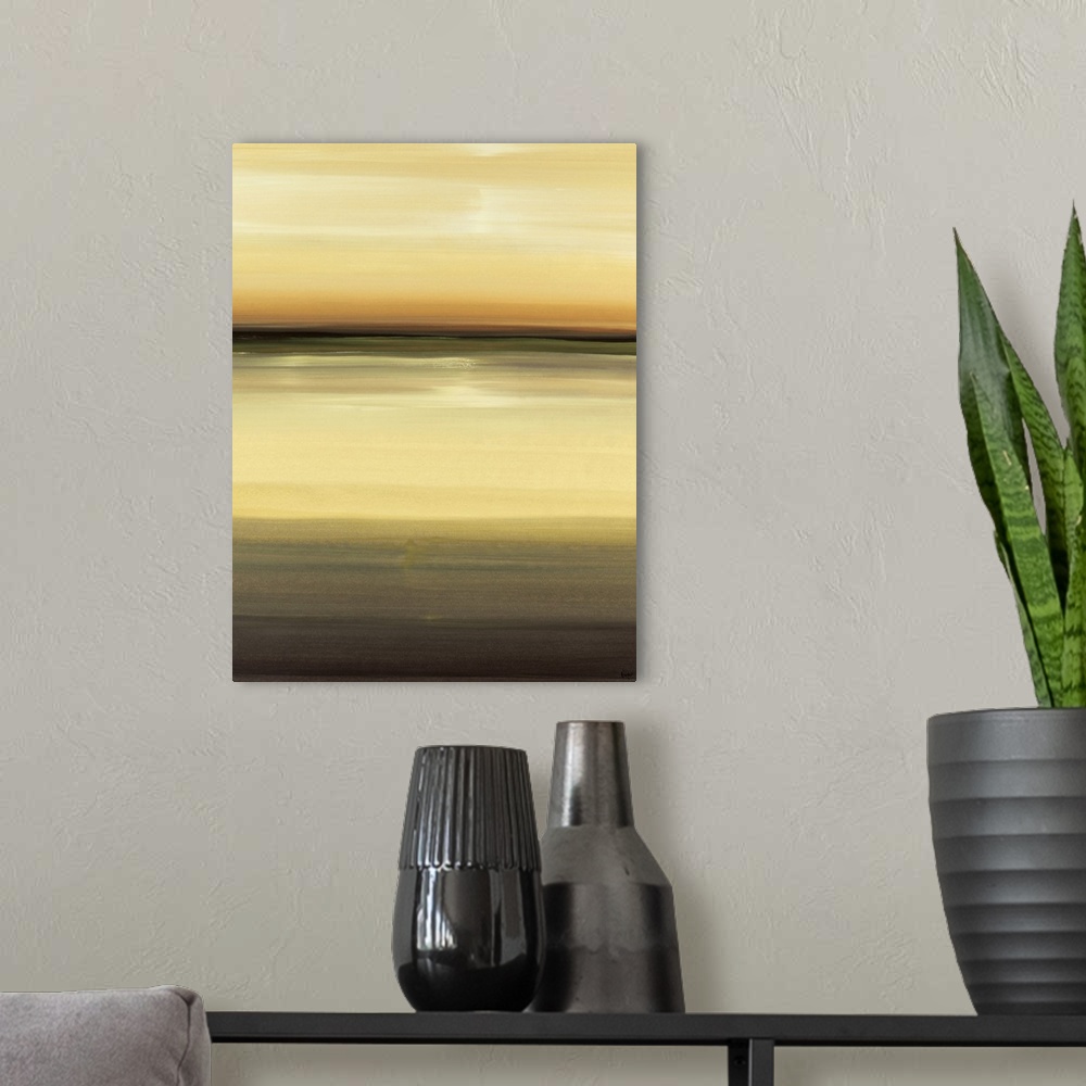 A modern room featuring Modern abstract art featuring mutiple lines and regions of color.