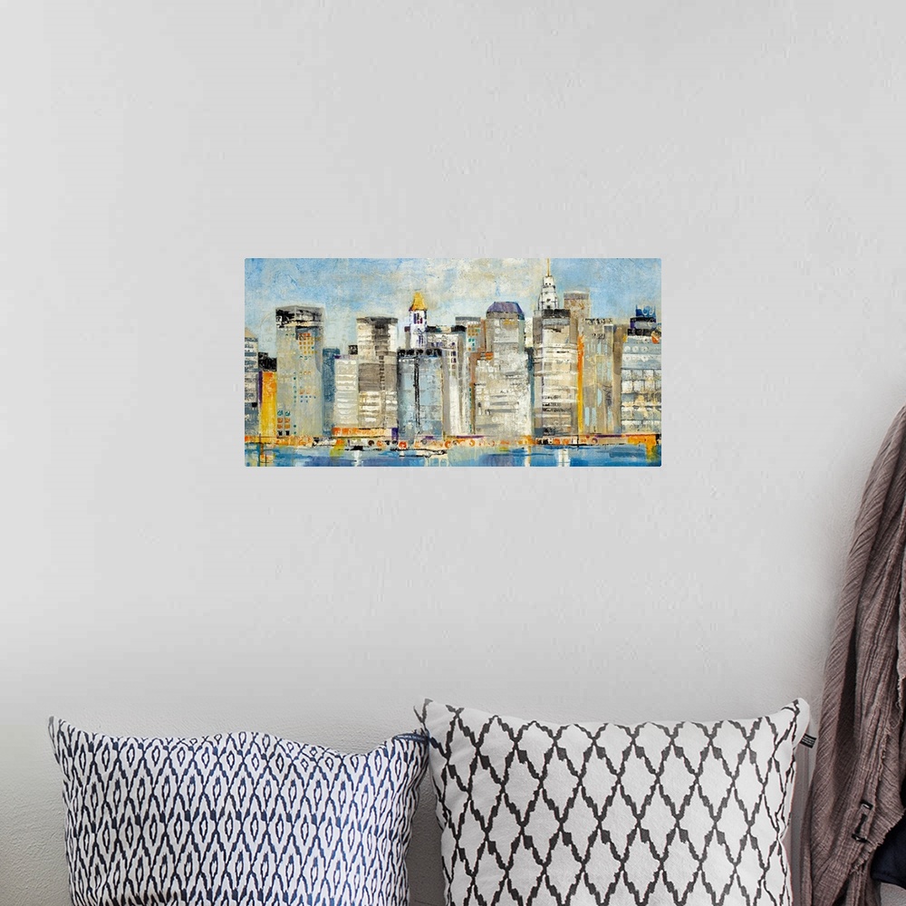 A bohemian room featuring Contemporary abstract painting of a cityscape with buildings and boats reflected on the waterfront.