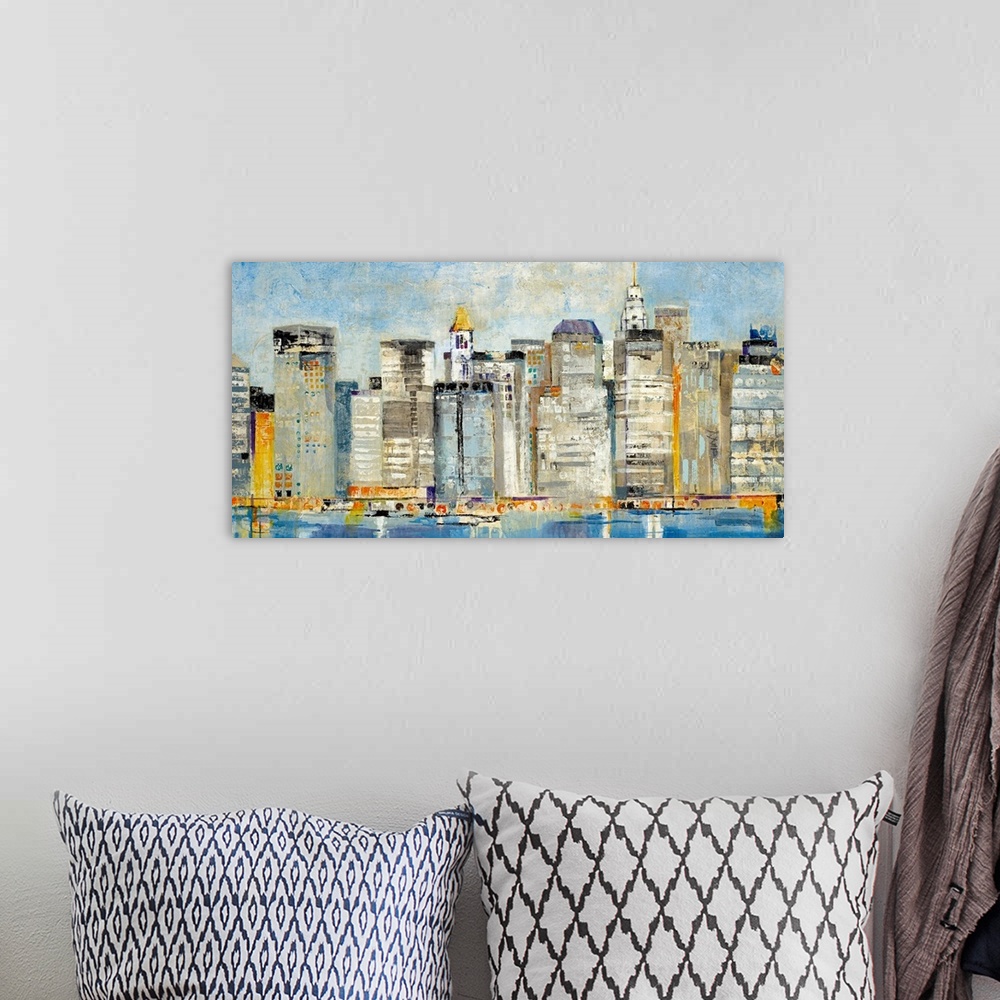 A bohemian room featuring Contemporary abstract painting of a cityscape with buildings and boats reflected on the waterfront.