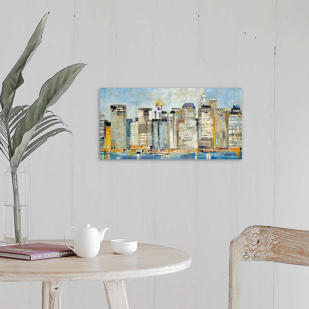 A farmhouse room featuring Contemporary abstract painting of a cityscape with buildings and boats reflected on the waterfront.