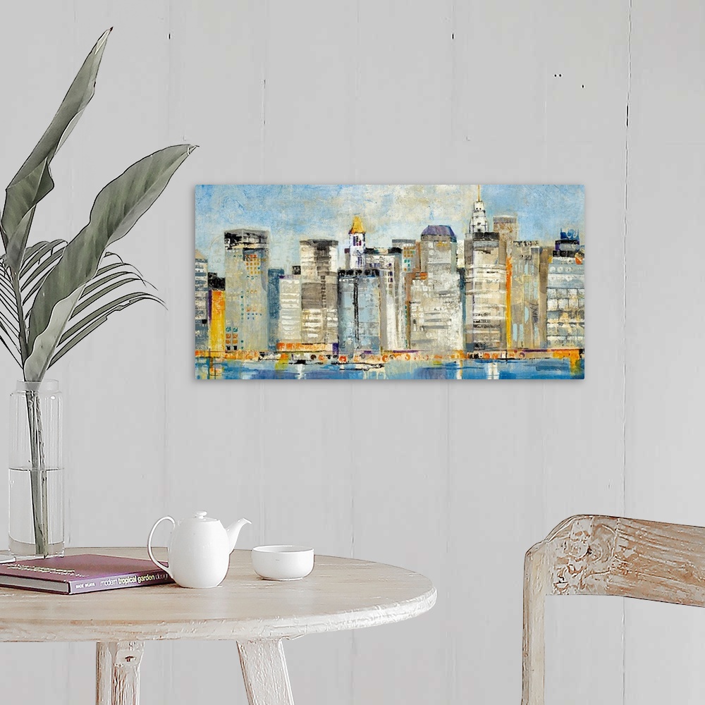 A farmhouse room featuring Contemporary abstract painting of a cityscape with buildings and boats reflected on the waterfront.