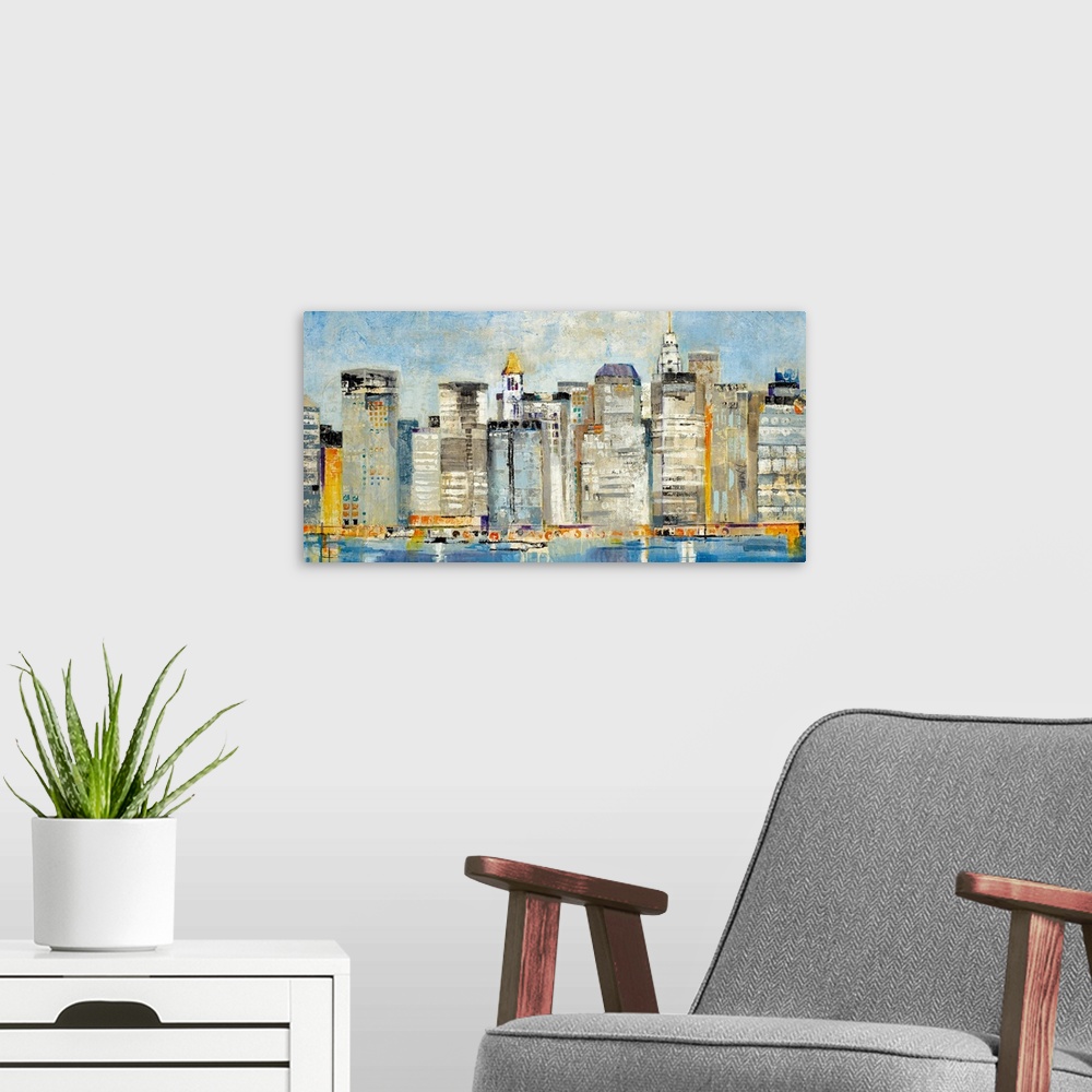 A modern room featuring Contemporary abstract painting of a cityscape with buildings and boats reflected on the waterfront.