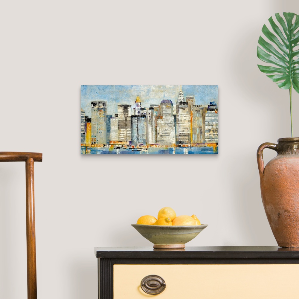 A traditional room featuring Contemporary abstract painting of a cityscape with buildings and boats reflected on the waterfront.