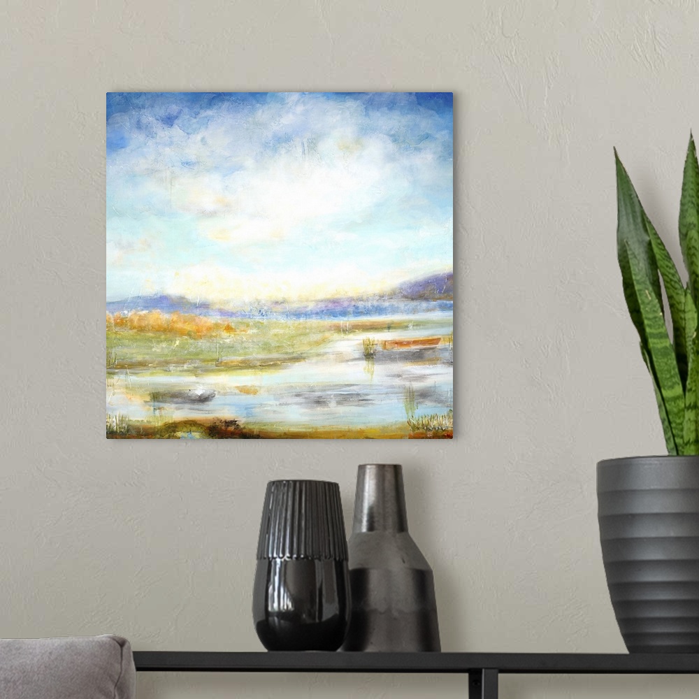 A modern room featuring Contemporary landscape painting looking out over wetlands under a vibrant blue sky.