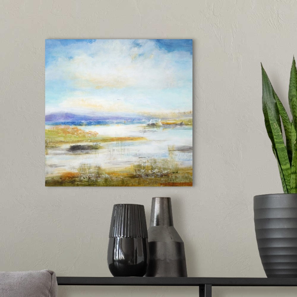 A modern room featuring Contemporary landscape painting looking out over wetlands under a vibrant blue sky.