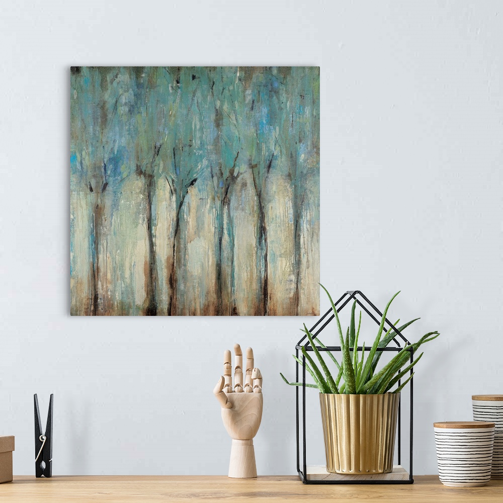 A bohemian room featuring An abstract square wall art painting with layers of messy paint arranged in vertical shapes remin...