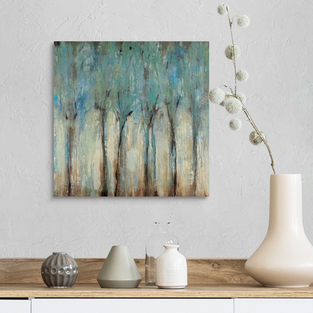 A farmhouse room featuring An abstract square wall art painting with layers of messy paint arranged in vertical shapes remin...