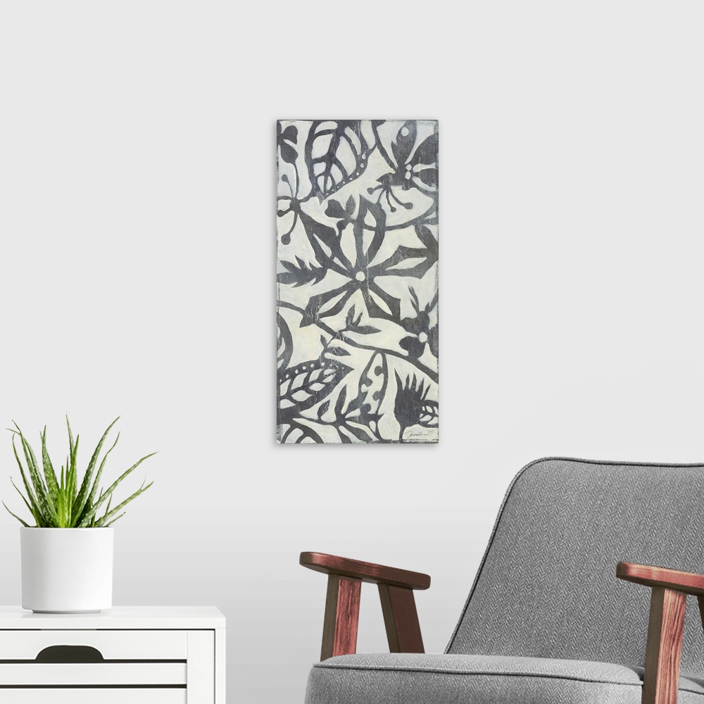 A modern room featuring A long vertical design of a metallic silver and white floral pattern.