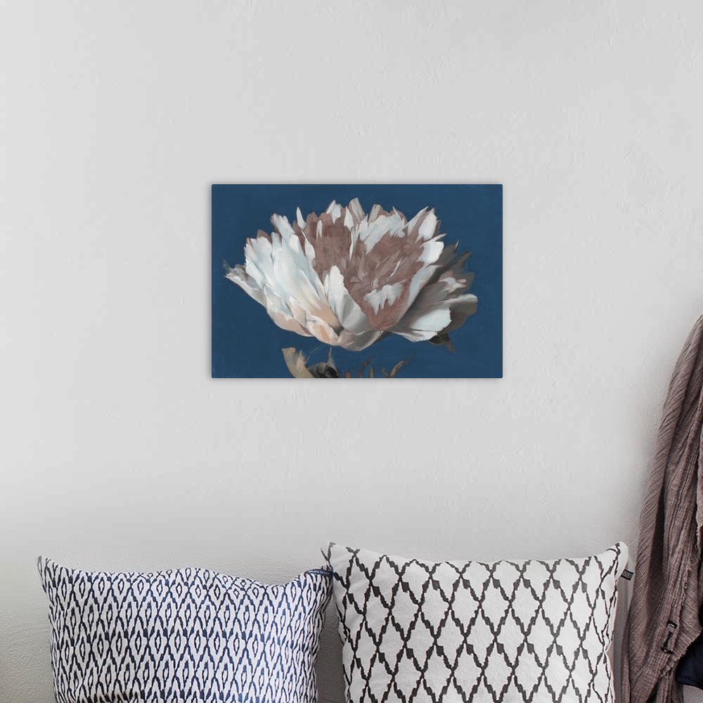 A bohemian room featuring A bold contemporary floral painting of a single white and blush peony flower against a strong blu...