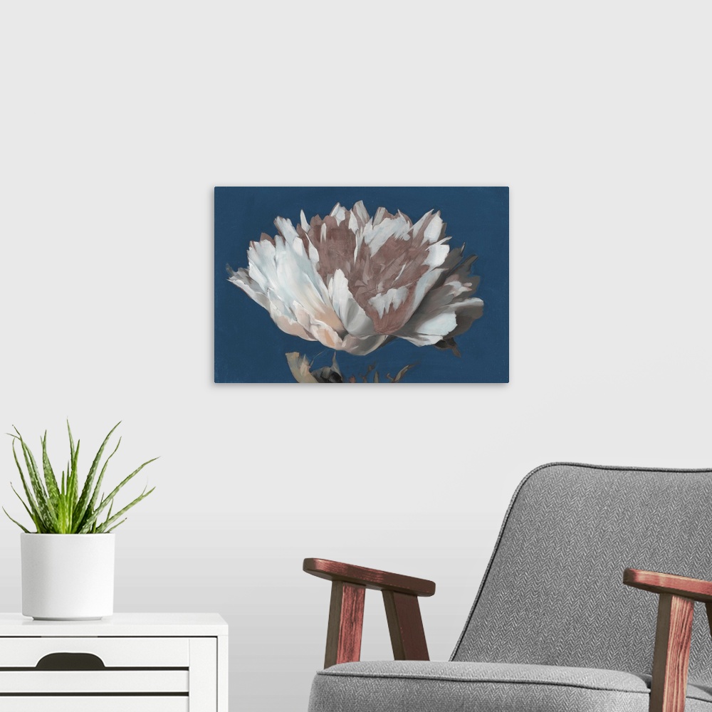 A modern room featuring A bold contemporary floral painting of a single white and blush peony flower against a strong blu...