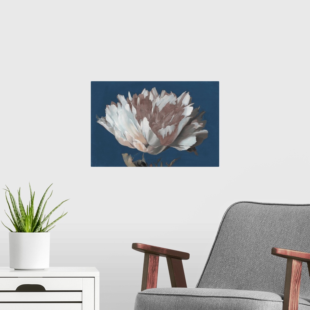 A modern room featuring A bold contemporary floral painting of a single white and blush peony flower against a strong blu...