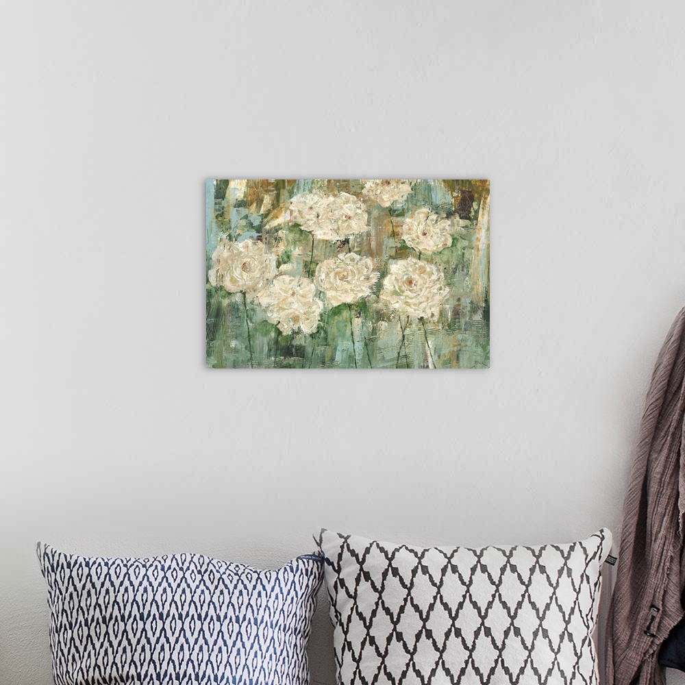 A bohemian room featuring Contemporary painting of white flowers against a teal green background.