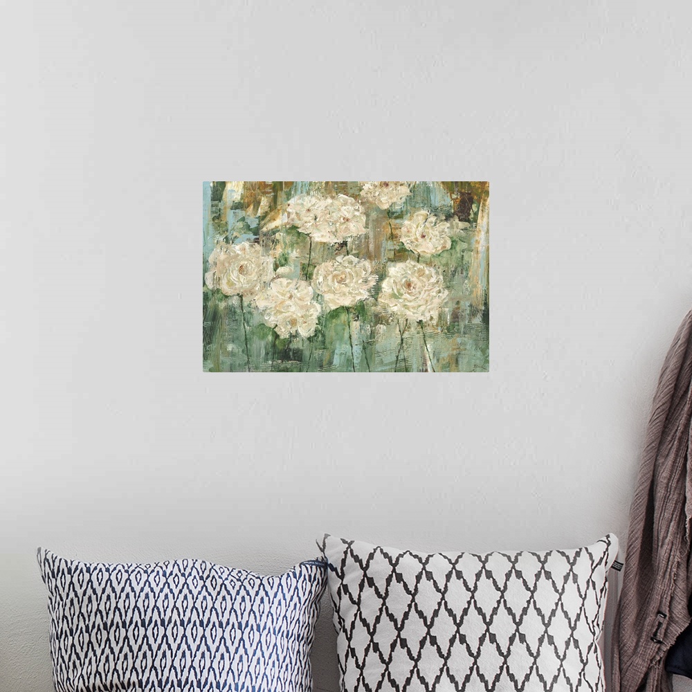 A bohemian room featuring Contemporary painting of white flowers against a teal green background.