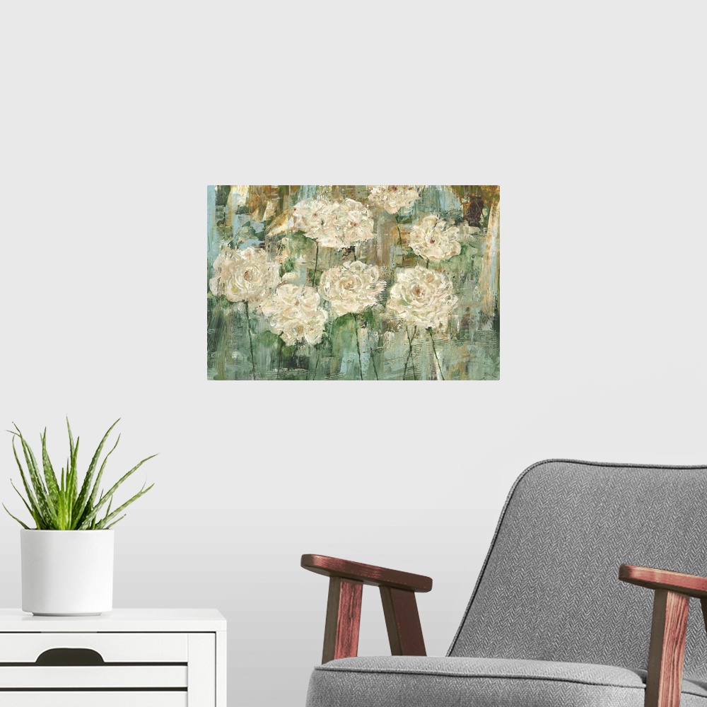 A modern room featuring Contemporary painting of white flowers against a teal green background.