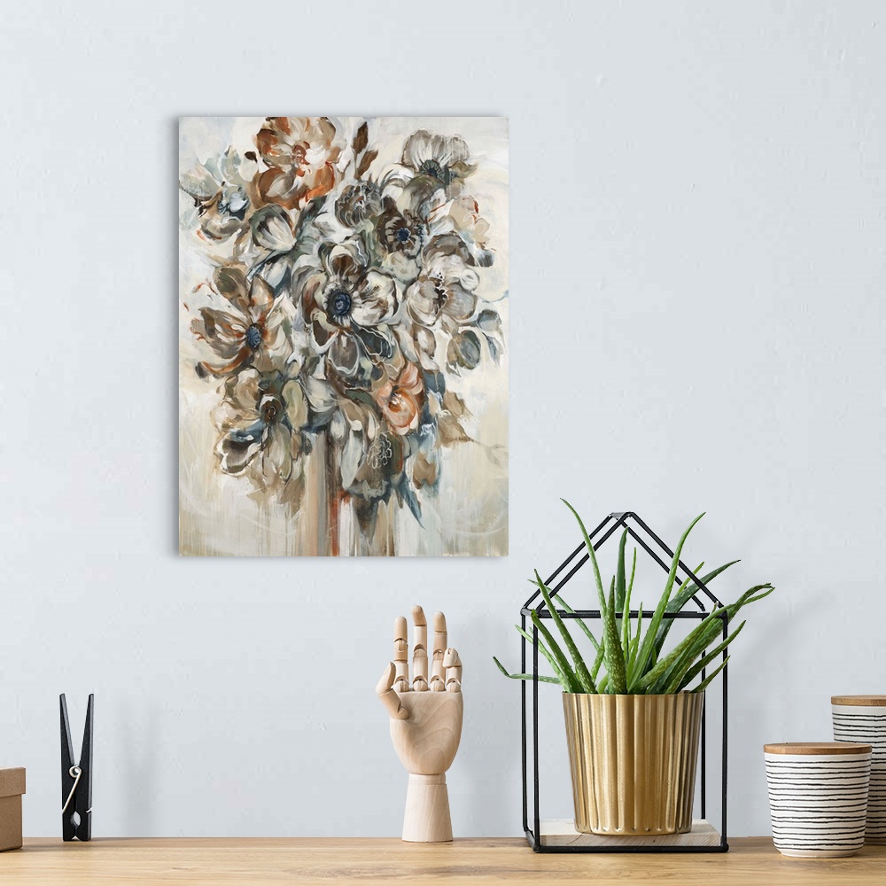 A bohemian room featuring Abstract painting of a bouquet of flowers in a vase made with neutral colors and pops of orange.