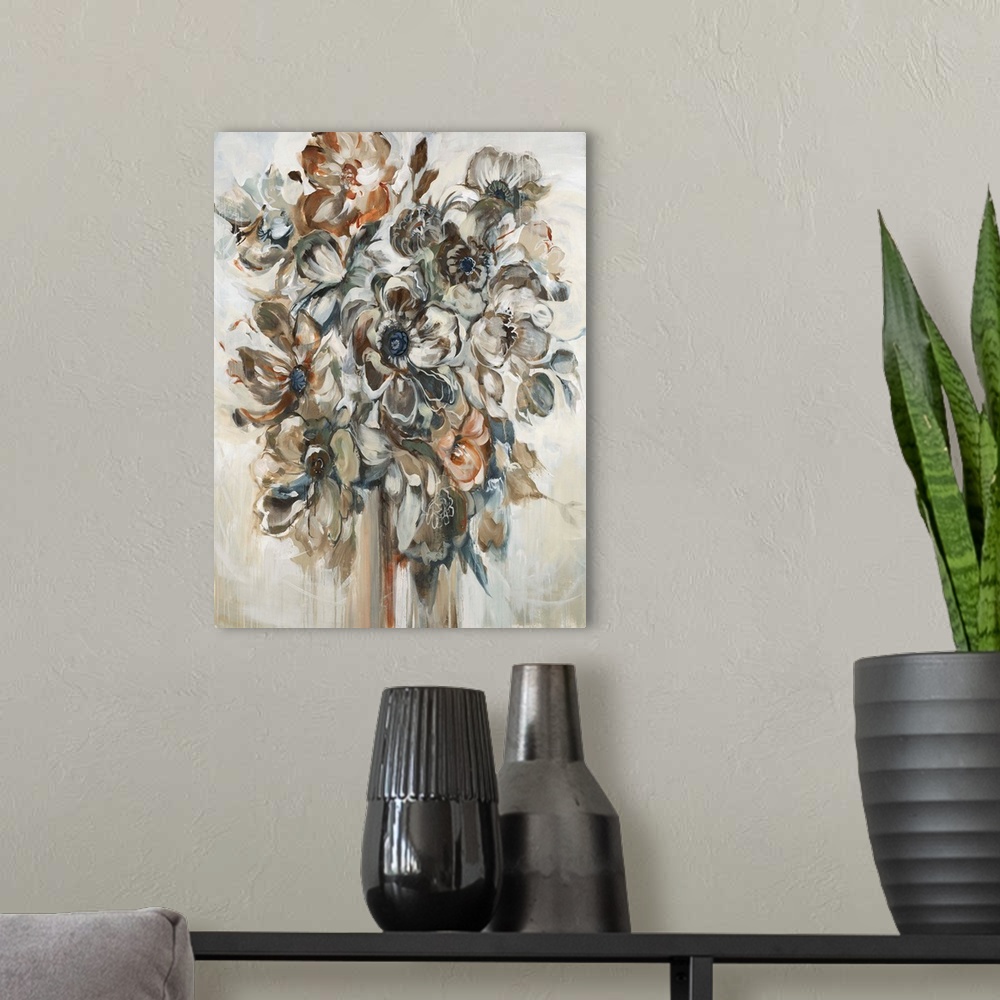 A modern room featuring Abstract painting of a bouquet of flowers in a vase made with neutral colors and pops of orange.