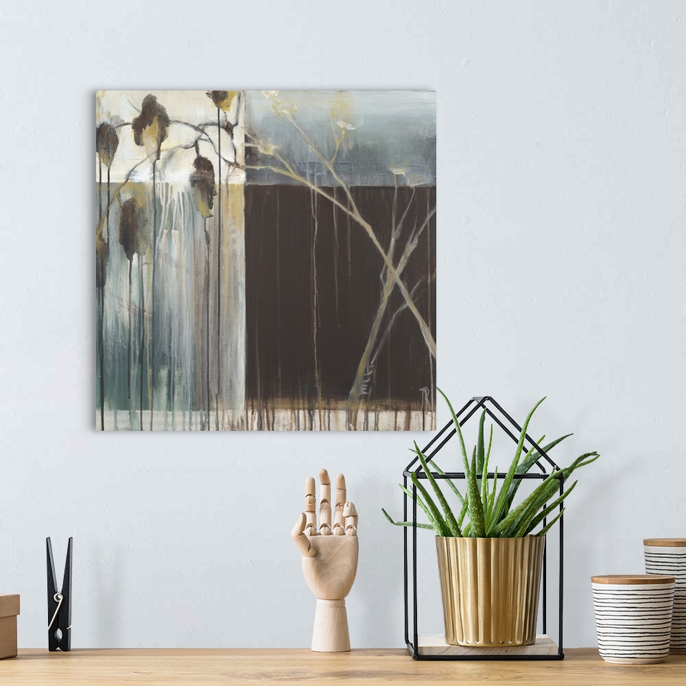 A bohemian room featuring Contemporary painting of a long thin branch with drooping leaves against a geometric bold shaped ...