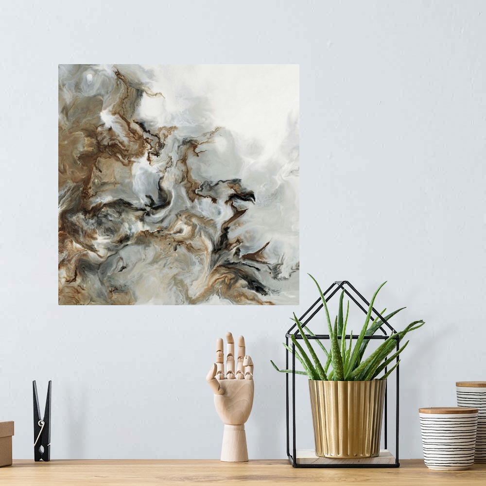 A bohemian room featuring Abstract art with brown, black, gray, and white hues marbled together on a square background.