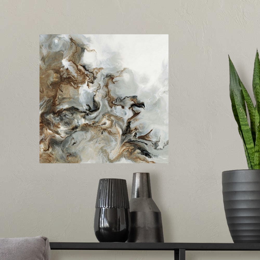 A modern room featuring Abstract art with brown, black, gray, and white hues marbled together on a square background.