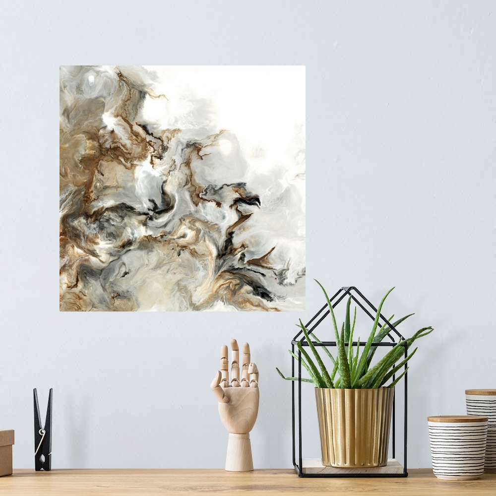 A bohemian room featuring Abstract art with brown, black, gray, and white hues marbled together on a square background.