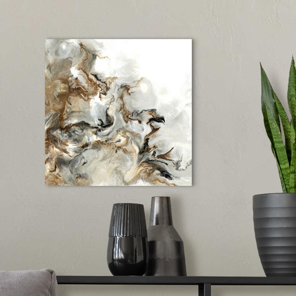 A modern room featuring Abstract art with brown, black, gray, and white hues marbled together on a square background.