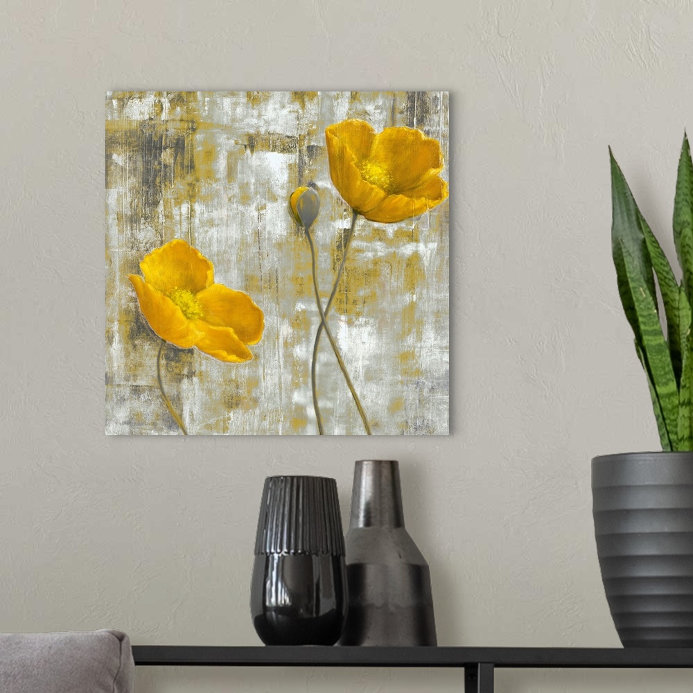 A modern room featuring Contemporary artwork of two yellow flowers and a third budding flower. The background is abstract...