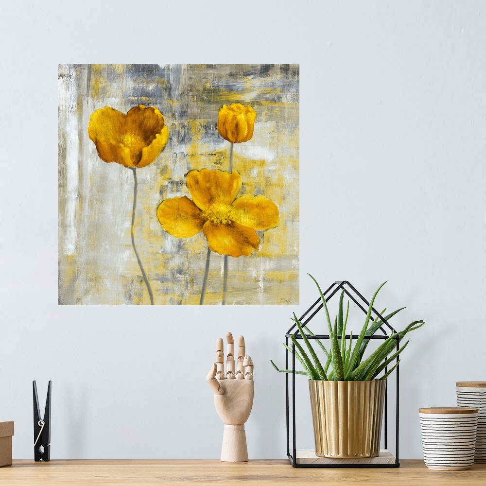 A bohemian room featuring Square, large wall art docor of three yellow flowers with stems on a sponge like textured, grey a...