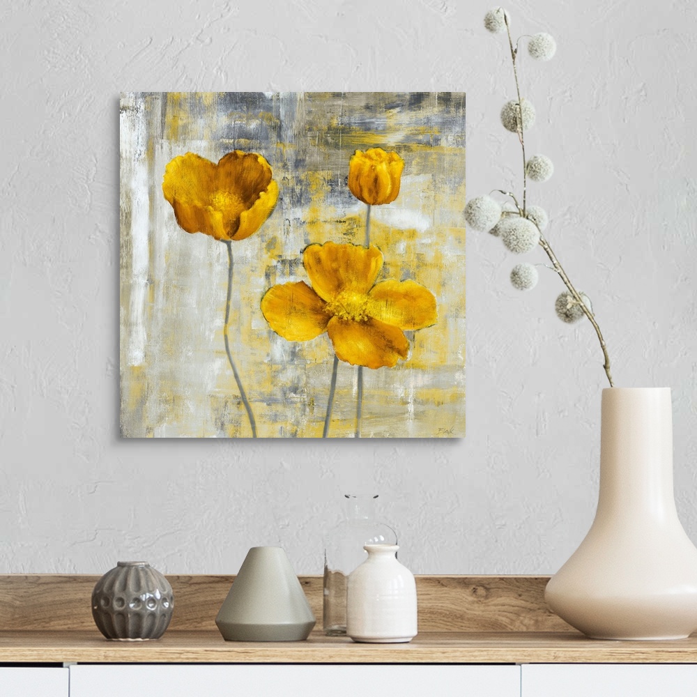 A farmhouse room featuring Square, large wall art docor of three yellow flowers with stems on a sponge like textured, grey a...